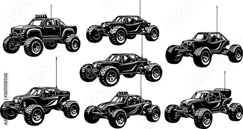 Vector art of a set of six black and white vector illustrations showcasing various
