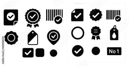 Set of icons for a shopping app. The icons include a checkmark, a shopping cart, a shopping bag, and a price tag. The checkmark indicates that the app is functional and ready to use