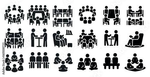 Collection of black and white icons depicting people in various social situations. Scene is one of collaboration and teamwork, with people sitting around tables and chairs, reading books