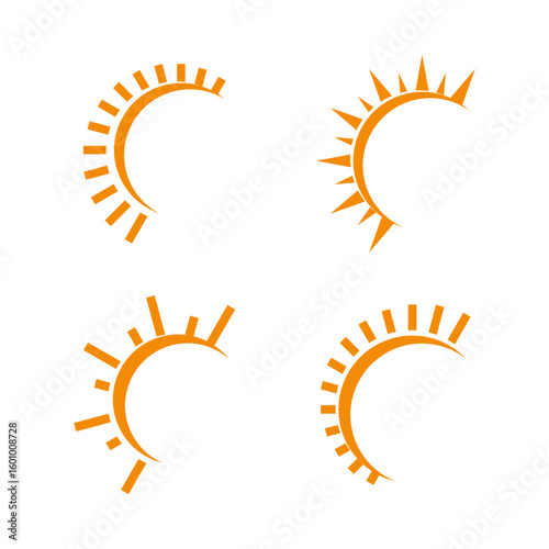 Minimal orange sun logo set with abstract sun shape and rays