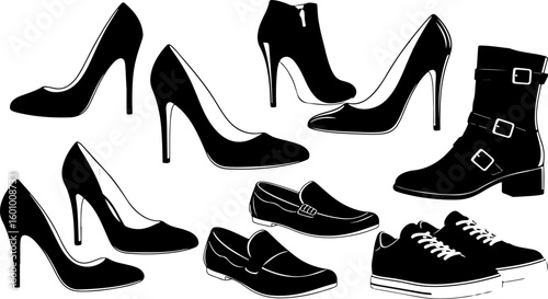 Vector art of a diverse collection of black silhouette footwear including high