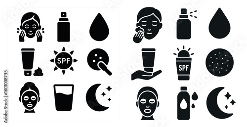 Set of icons for skincare products and routines. The icons include a bottle of sunscreen, a cup, a bottle of lotion, a bottle of face wash, a bottle of toner, a bottle of eye cream