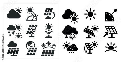 Set of weather icons, including clouds, sun, rain, and snow. The icons are arranged in two rows, with the top row featuring more cloudy and rainy weather, and the bottom row featuring more sunny