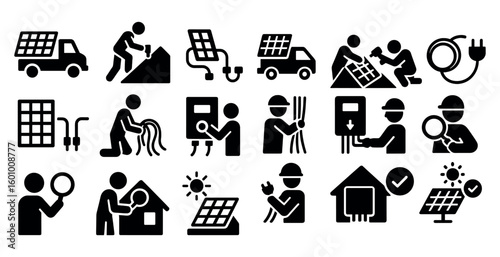 Collection of black and white icons depicting various jobs and tasks. The icons include a man with a magnifying glass, a man with a hammer, a man with a wrench, a man with a screwdriver