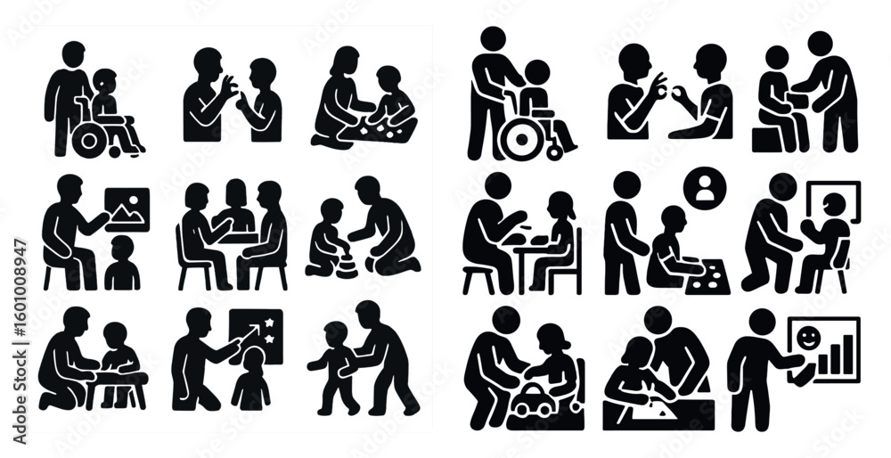 Naklejka premium Series of black and white drawings of people in various situations. The drawings depict people interacting with each other, with some people sitting and others standing