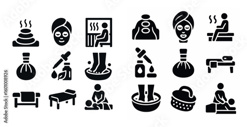 Collection of spa icons, including a man sitting in a chair, a woman with a mask on, and a woman sitting on a bed