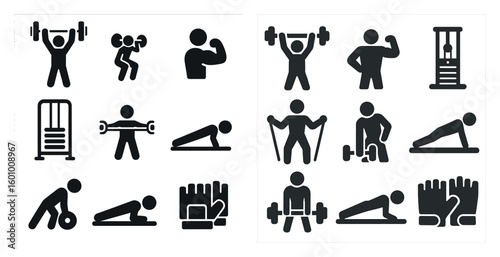 Set of fitness icons, including a man lifting weights, a man doing pushups, and a man doing situps