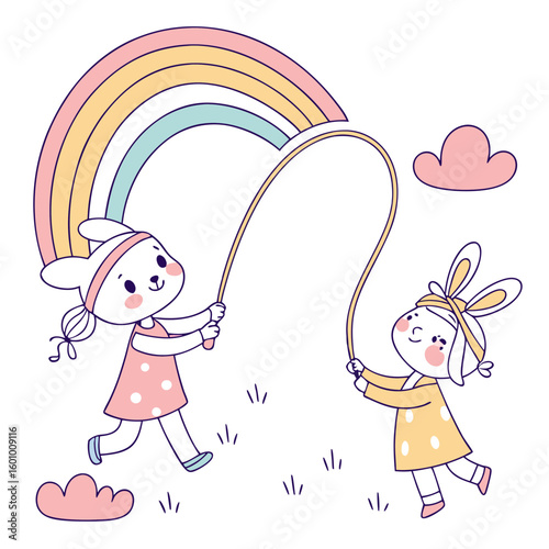Two cute cartoon bunnies joyfully jump rope together under a colorful pastel