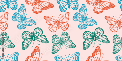Seamless butterfly pattern, colorful hand drawn insects, tropical wildlife vector design, decorative nature background, detailed wings illustration, vintage sketch, spring garden art, elegant insect 