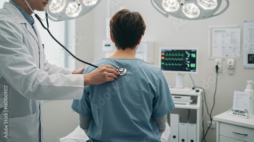 Doctor Using Stethoscope on Patient's Back in a Bright Medical Office