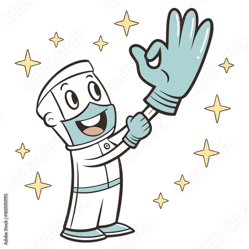 A smiling cartoon doctor or medical professional wearing a mask and gloves gives an