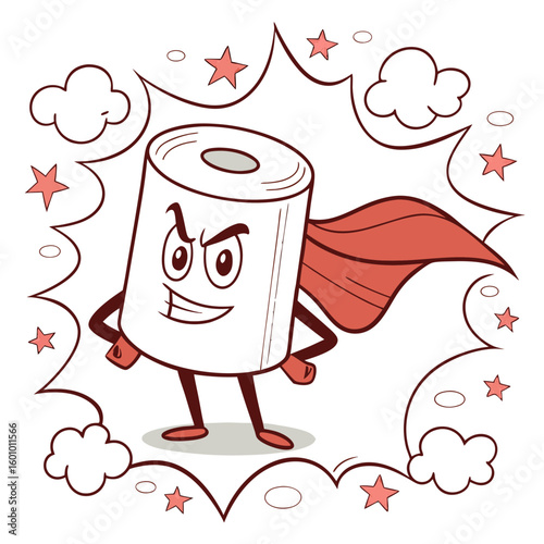 A heroic toilet paper roll character wearing a red cape stands powerfully with