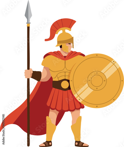 Ancient Roman soldier holding spear and shield in red and gold armor vector illustration