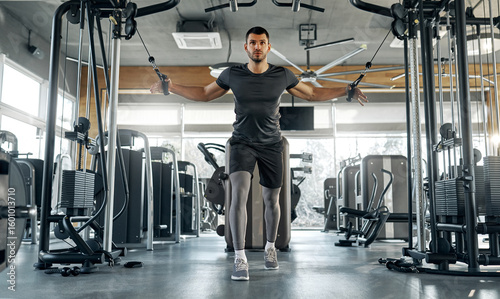 Man training on cable crossover machine at gym