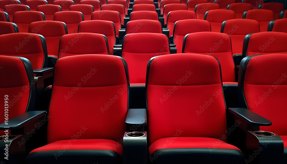 Fototapeta premium Rows of comfortable red theater seats in a modern cinema, ready for a movie.
