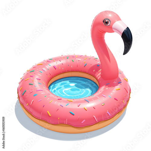  Fun pink flamingo pool float. Inflatable summer toy for kids and adults, vacation, parties, swimming, or tropical resort themes.