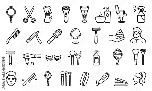Collection of hand drawn barber shop and hair salon tools and accessories for grooming and styling hair