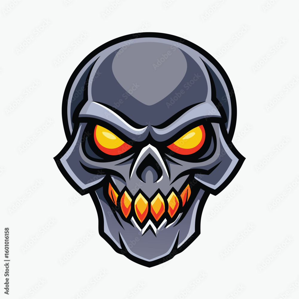 Fototapeta premium A stylized gray skull with glowing orange eyes and teeth stares intensely forward