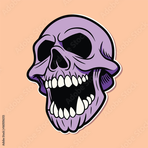 A stylized purple skull with black shadows and large teeth sits on an orange background