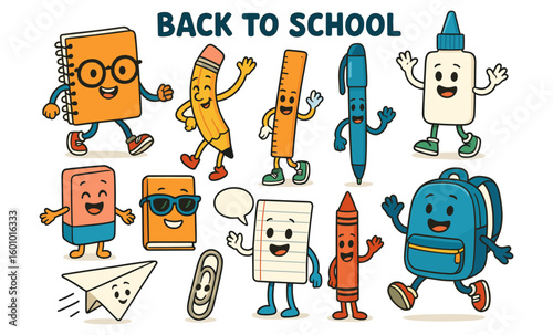 Playful cartoon school supplies with smiling faces for back to school fun