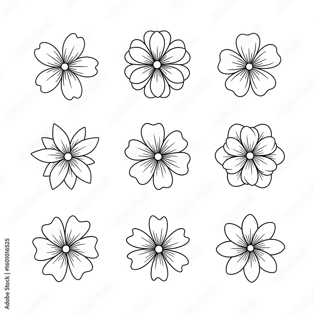 Obraz premium Intricate Floral Patterns: A Capital Collection of Nine Beautiful and Unique Flower Designs in Black and White