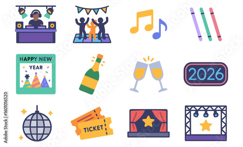 Party celebration icons for new year 2026 in flat style