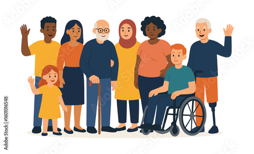 Diverse group of people of all ages and abilities smiling and waving together