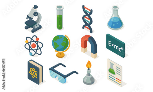 Isometric science icons set featuring lab equipment and scientific symbols