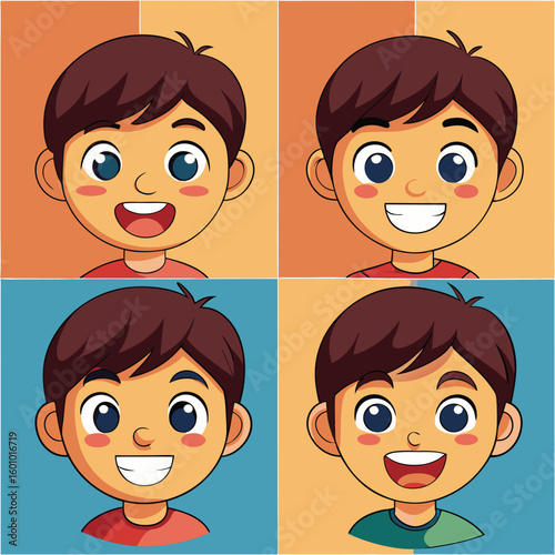 Cartoon dark haired boy presents various smiles against a color blocked background with outlined features