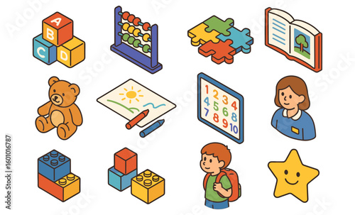 Colorful isometric education icons for kids learning and playtime