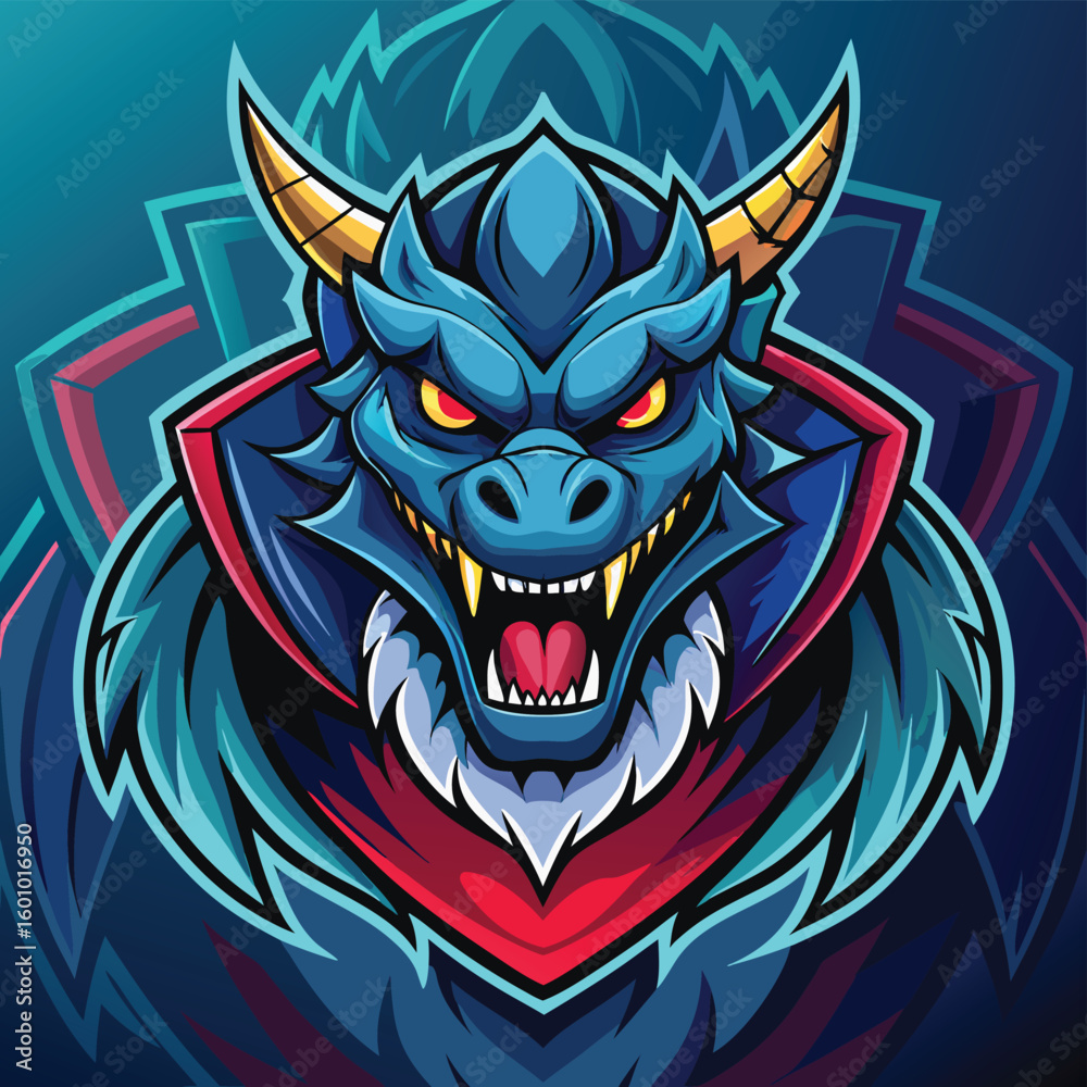 Obraz premium Roaring Blue Dragon E Sports Mascot Logo with Golden Horns and Red Accents