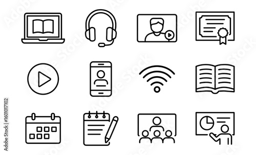 Minimalist online education and learning icons set for digital platforms