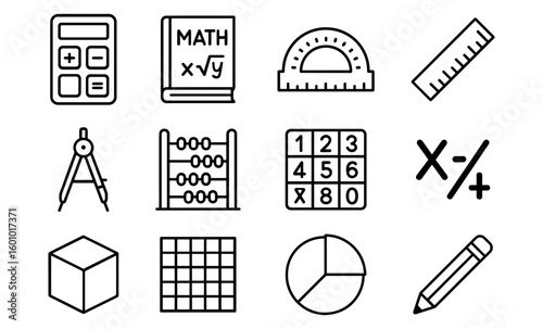 Mathematics icon set: line art of tools and symbols for education