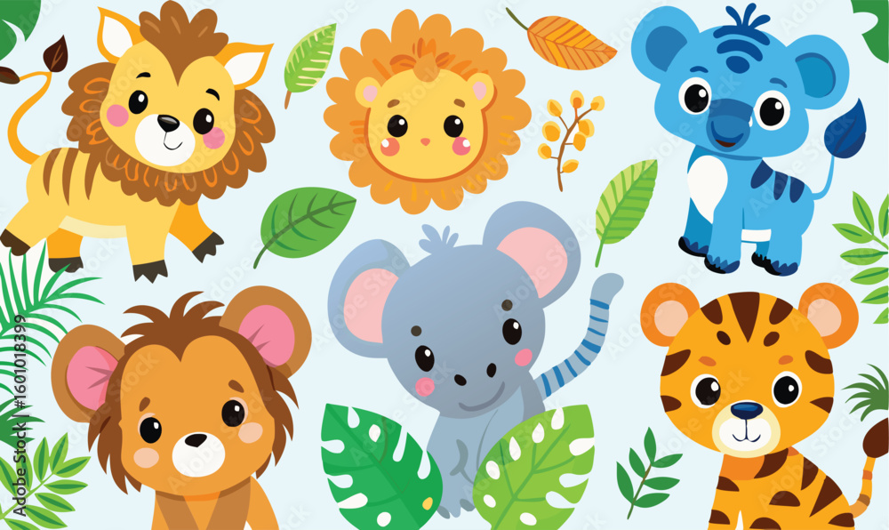 Naklejka premium Cartoon animals including lions, koala, monkey, and tiger are set against a light blue backdrop