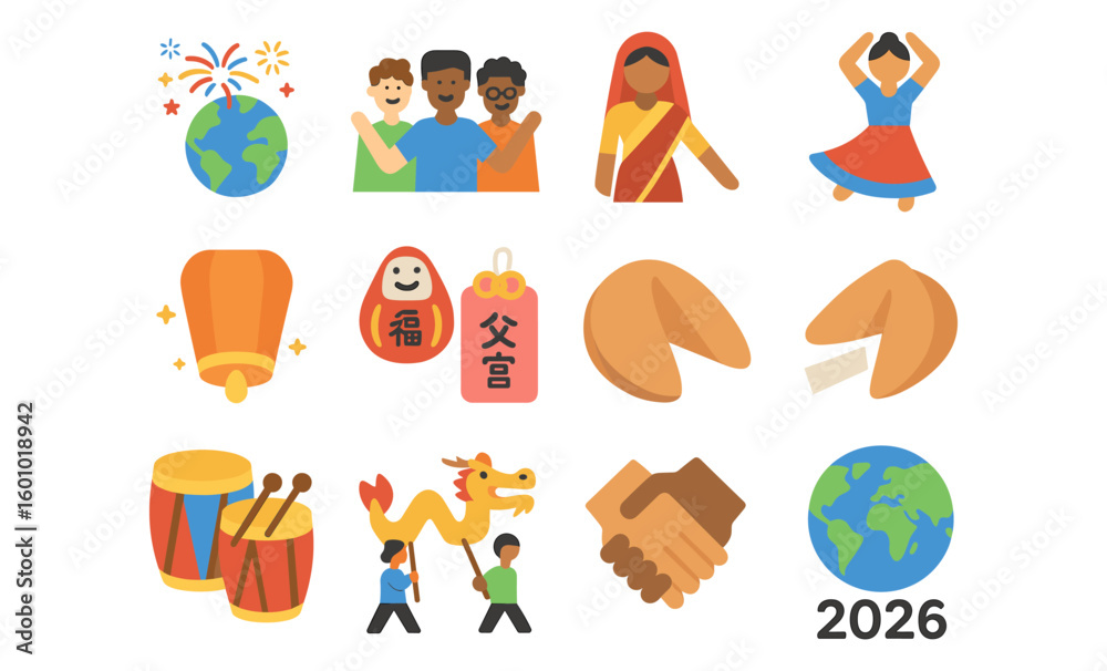 Fototapeta premium Cultural celebration icons: diversity, traditions, and unity in colorful style