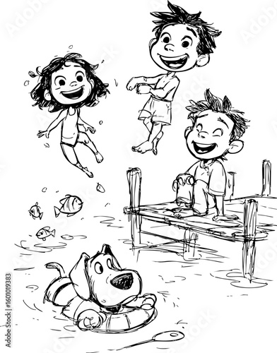 Coloring page of kids jumping off a dock into the water while a happy dog floats in a swim ring, surrounded by fish, joyful summer cartoon line art for children.
