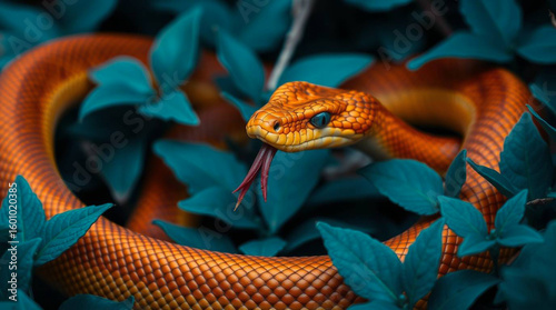 Enigmatic orange snake emerging from lush, vibrant, blue foliage canopy