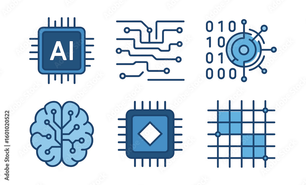 Fototapeta premium Ai technology icons: circuit board, brain, and data in modern flat design
