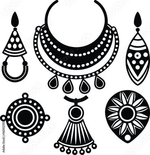 Collection of indian jewelry silhouette isolated on white background