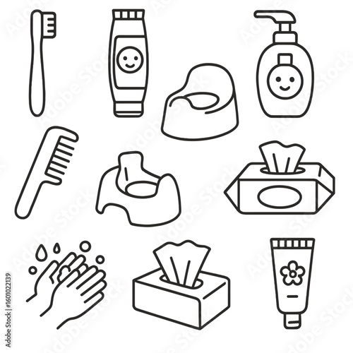 Toddler Hygiene Icons. Outline style icons of toddler health and hygiene: soft toothbrush, toddler toothpaste, baby shampoo, comb,