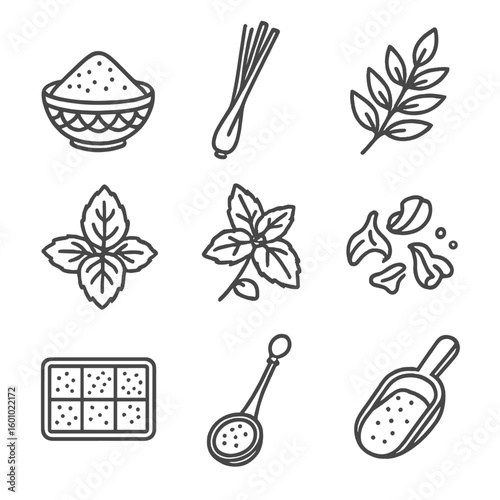 Pantry Spice Icons. Line style icons of pantry spices: exotic spice mix, lemongrass stick, curry leaf twig, basil bunch, mint