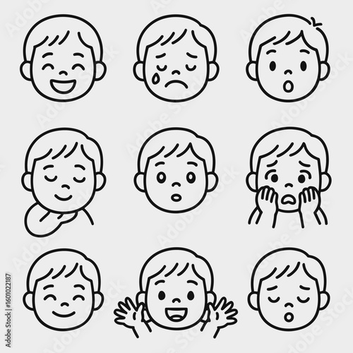 Toddler Emotion Icons. Outline style icons of toddler expressions: joy, sadness, surprise, shyness, curiosity, fear, pride,