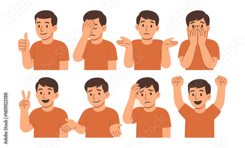 Set of cartoon characters expressing different emotions through gestures