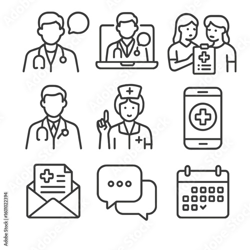 Medical Communication Icons. Outline style icons of Medical Communication: doctor with speech bubble, virtual consultation,