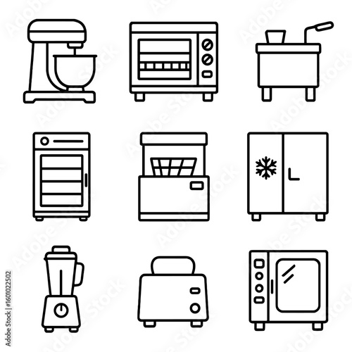 Kitchen Appliance Icons. Outline style icons of Commercial Kitchen Appliances: industrial mixer, restaurant oven, commercial fryer