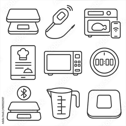 Digital Kitchen Icons. Outline style icons of Digital Kitchen Tools: kitchen scale, smart thermometer, app-controlled oven, recipe