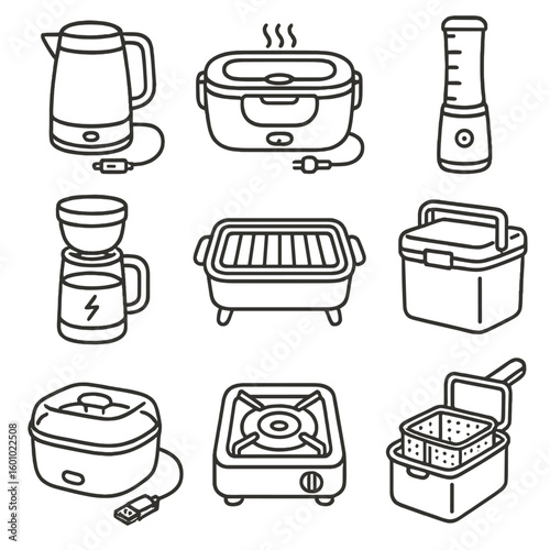 Travel Kitchen Appliances Icons. Outline style icons of Travel and Portable Kitchen Appliances: car kettle, plug-in lunch box,