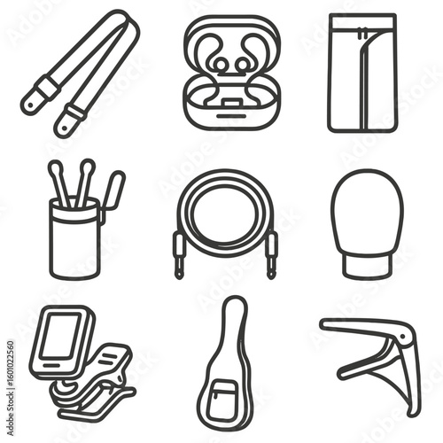 Musician Accessory Icons. Outline style icons of Accessories for Musicians Glyphs: guitar strap, in-ear monitor case, music stand