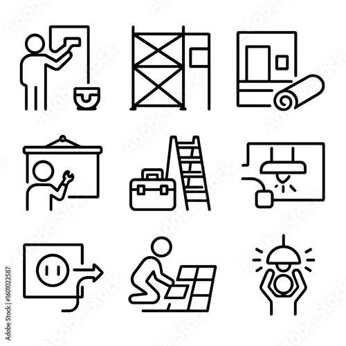 School Renovation Icons. Outline style icons of School Building Renovation: repainting wall icon, scaffold on side wall, toolbox