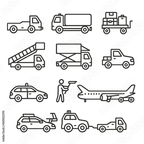 Airport Vehicle Icons. Outline style icons of Airport Vehicles Related to Airplanes: airplane pushback tug, fuel truck, luggage